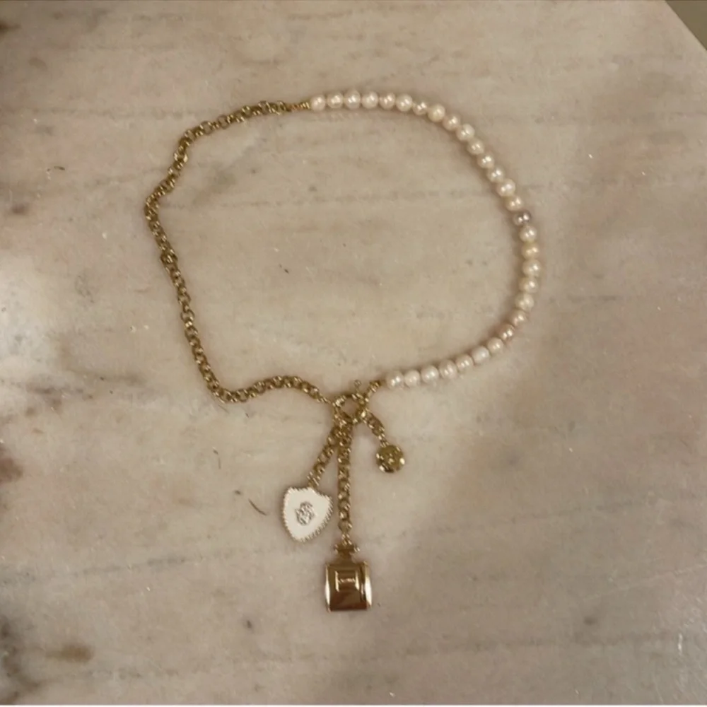 Chanel Holiday Fragrance Charm With Gold and Pearl Necklace